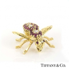 Tiffany & Co. 18k Yellow Gold Ruby & Diamond Set Bee Pendant
